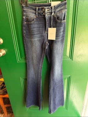 KanCan Dark Blue Flare Jeans with Double-Button Waist